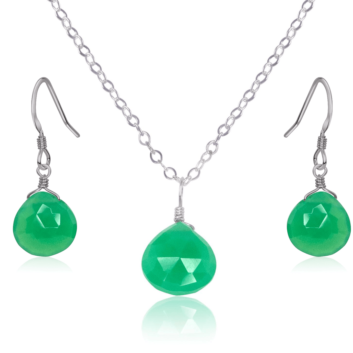 Chrysoprase Tiny Teardrop Earrings & Necklace Set - Chrysoprase Tiny Teardrop Earrings & Necklace Set - Stainless Steel / Cable - Luna Tide Handmade Crystal Jewellery