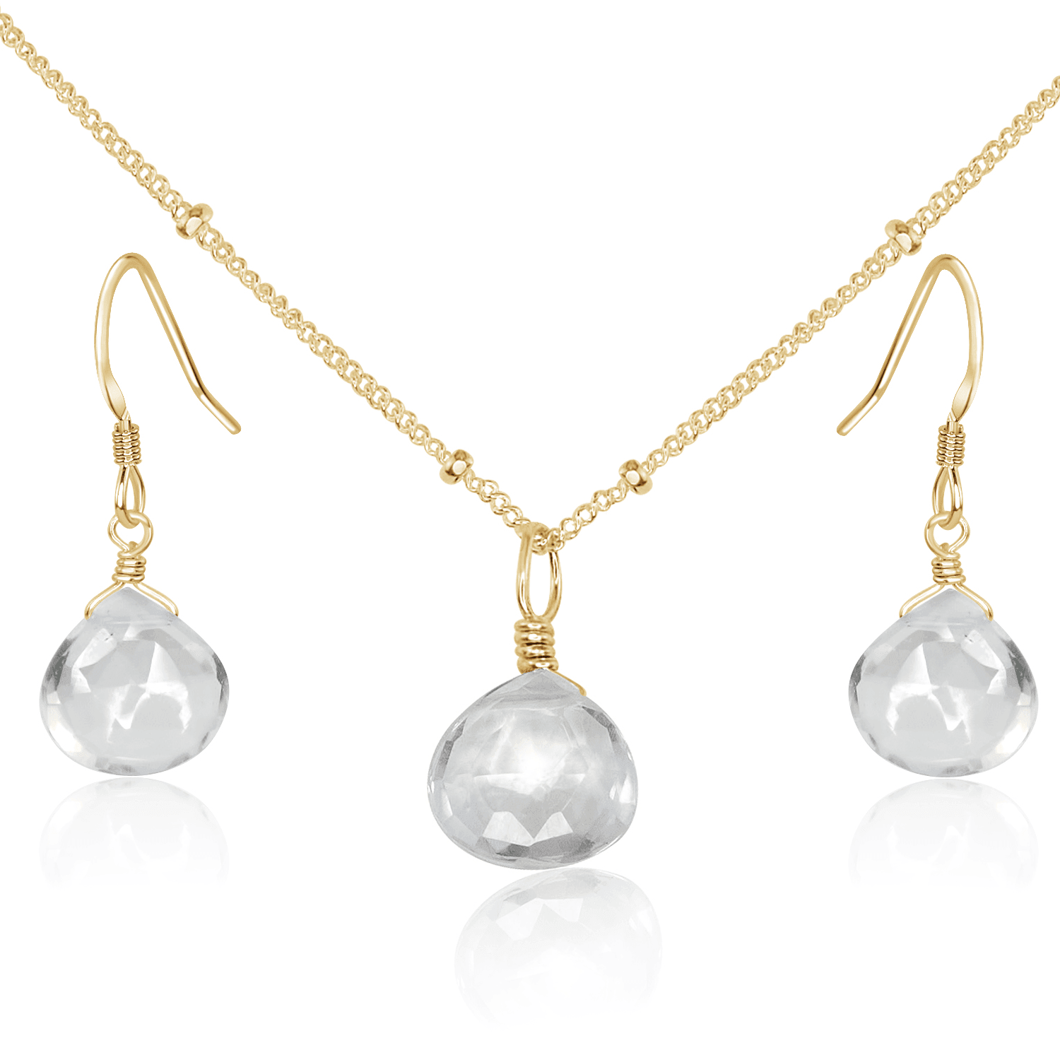 Crystal Quartz Tiny Teardrop Earrings & Necklace Set - Crystal Quartz Tiny Teardrop Earrings & Necklace Set - 14k Gold Fill / Satellite - Luna Tide Handmade Crystal Jewellery