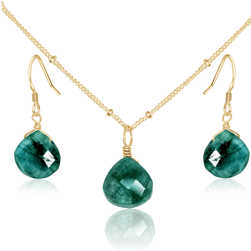 Emerald Tiny Teardrop Earrings & Necklace Set - Emerald Tiny Teardrop Earrings & Necklace Set - 14k Gold Fill / Satellite - Luna Tide Handmade Crystal Jewellery