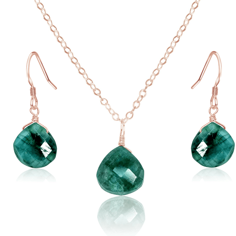 Emerald Tiny Teardrop Earrings & Necklace Set - Emerald Tiny Teardrop Earrings & Necklace Set - 14k Rose Gold Fill / Cable - Luna Tide Handmade Crystal Jewellery