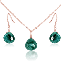 Emerald Tiny Teardrop Earrings & Necklace Set - Emerald Tiny Teardrop Earrings & Necklace Set - 14k Rose Gold Fill / Satellite - Luna Tide Handmade Crystal Jewellery