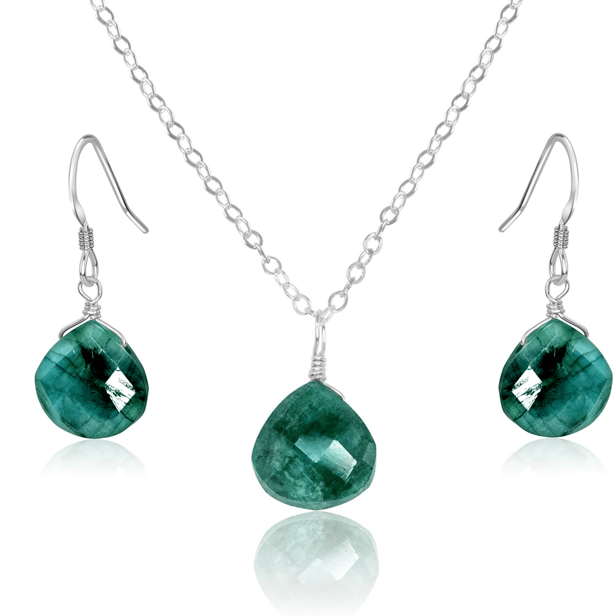 Emerald Tiny Teardrop Earrings & Necklace Set - Emerald Tiny Teardrop Earrings & Necklace Set - Sterling Silver / Cable - Luna Tide Handmade Crystal Jewellery