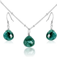 Emerald Tiny Teardrop Earrings & Necklace Set - Emerald Tiny Teardrop Earrings & Necklace Set - Sterling Silver / Satellite - Luna Tide Handmade Crystal Jewellery