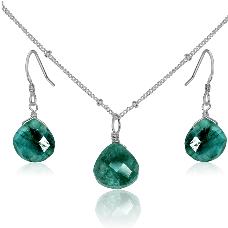 Emerald Tiny Teardrop Earrings & Necklace Set - Emerald Tiny Teardrop Earrings & Necklace Set - Stainless Steel / Satellite - Luna Tide Handmade Crystal Jewellery