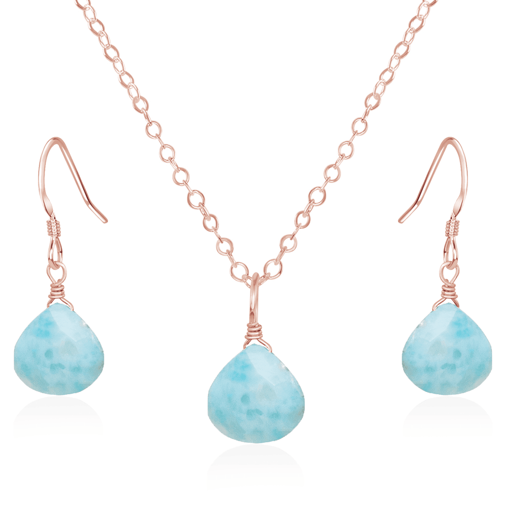 Larimar Tiny Teardrop Earrings & Necklace Set - Larimar Tiny Teardrop Earrings & Necklace Set - 14k Rose Gold Fill / Cable - Luna Tide Handmade Crystal Jewellery