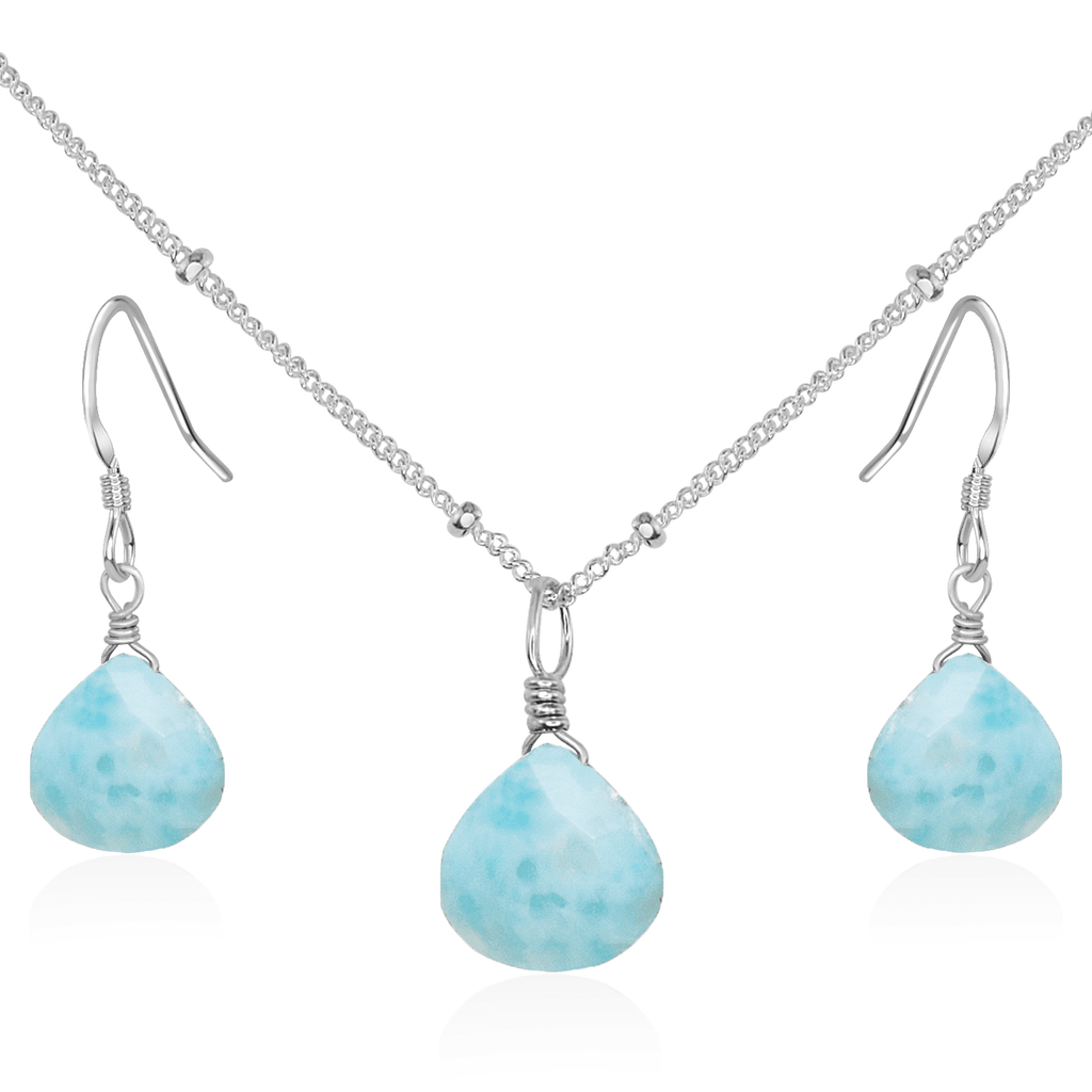 Larimar Tiny Teardrop Earrings & Necklace Set - Larimar Tiny Teardrop Earrings & Necklace Set - Sterling Silver / Satellite - Luna Tide Handmade Crystal Jewellery