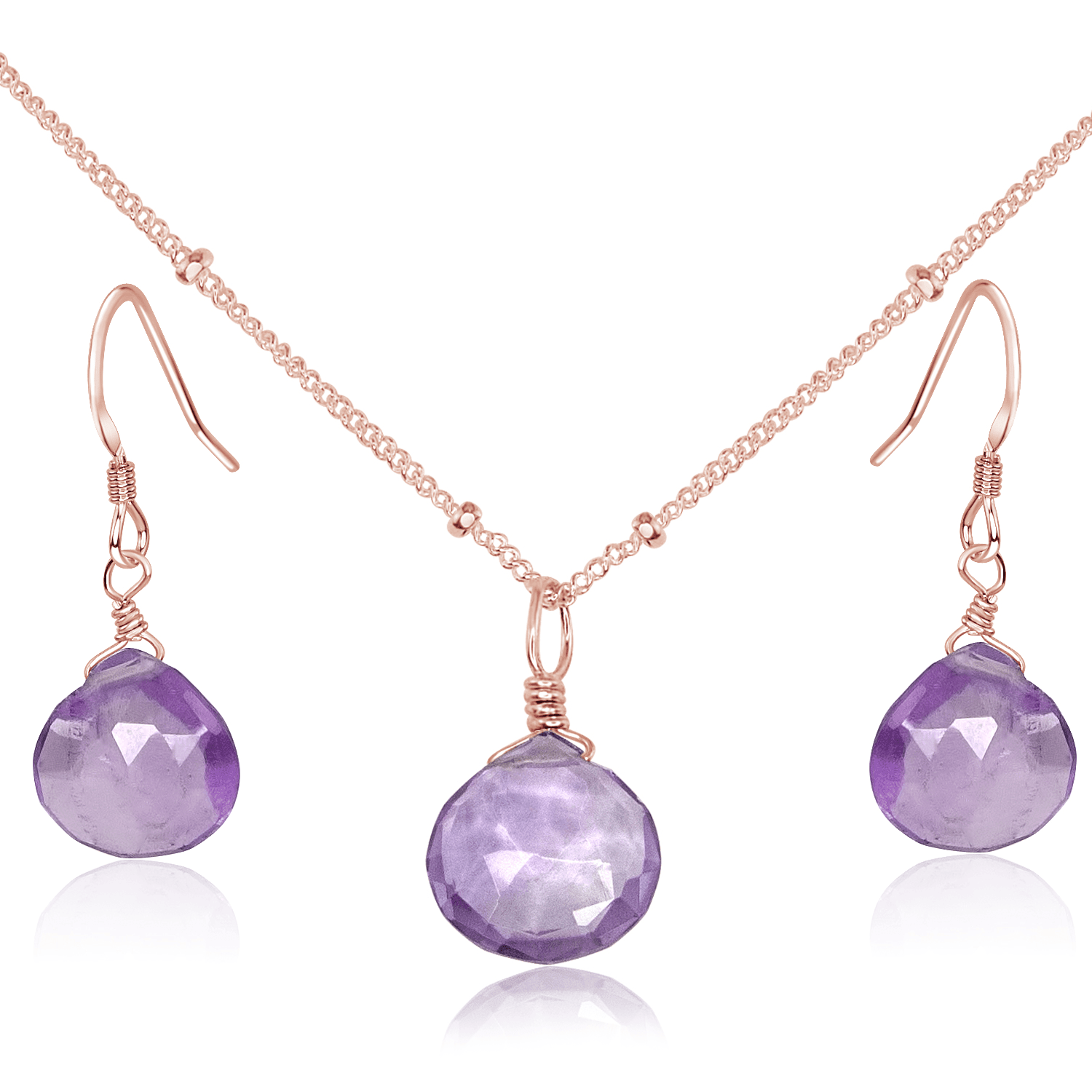 Pink Amethyst Tiny Teardrop Earrings & Necklace Set - Pink Amethyst Tiny Teardrop Earrings & Necklace Set - 14k Rose Gold Fill / Satellite - Luna Tide Handmade Crystal Jewellery