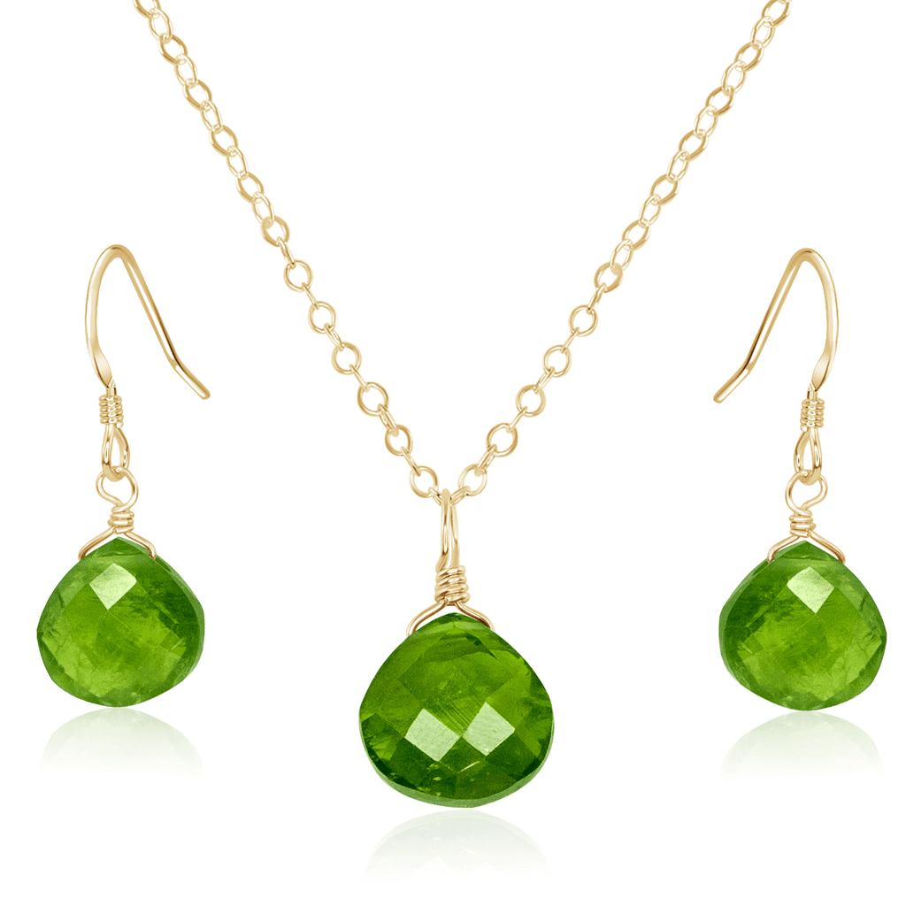 Peridot Tiny Teardrop Earrings & Necklace Set - Peridot Tiny Teardrop Earrings & Necklace Set - 14k Gold Fill / Cable - Luna Tide Handmade Crystal Jewellery