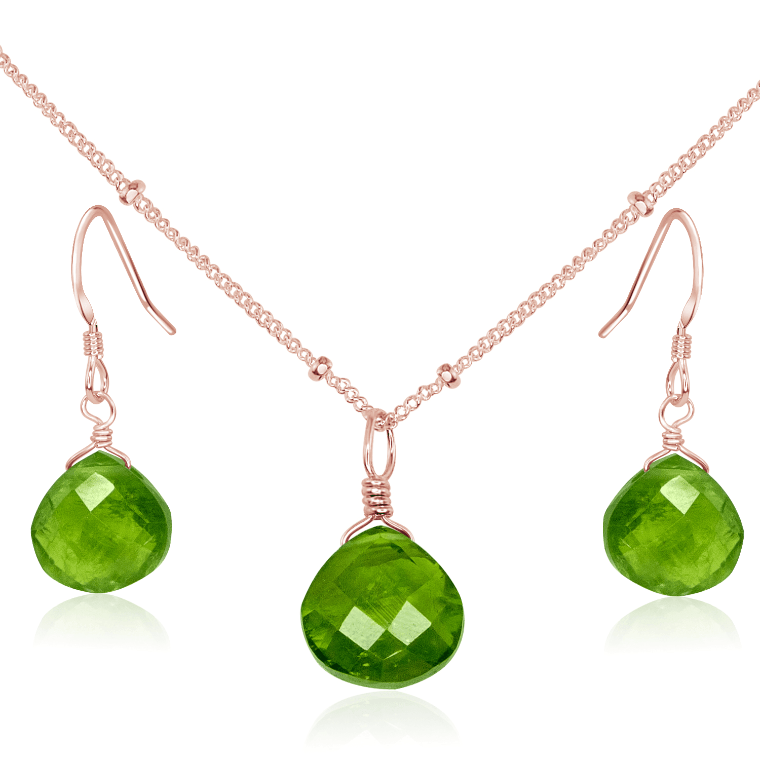 Peridot Tiny Teardrop Earrings & Necklace Set - Peridot Tiny Teardrop Earrings & Necklace Set - 14k Rose Gold Fill / Satellite - Luna Tide Handmade Crystal Jewellery