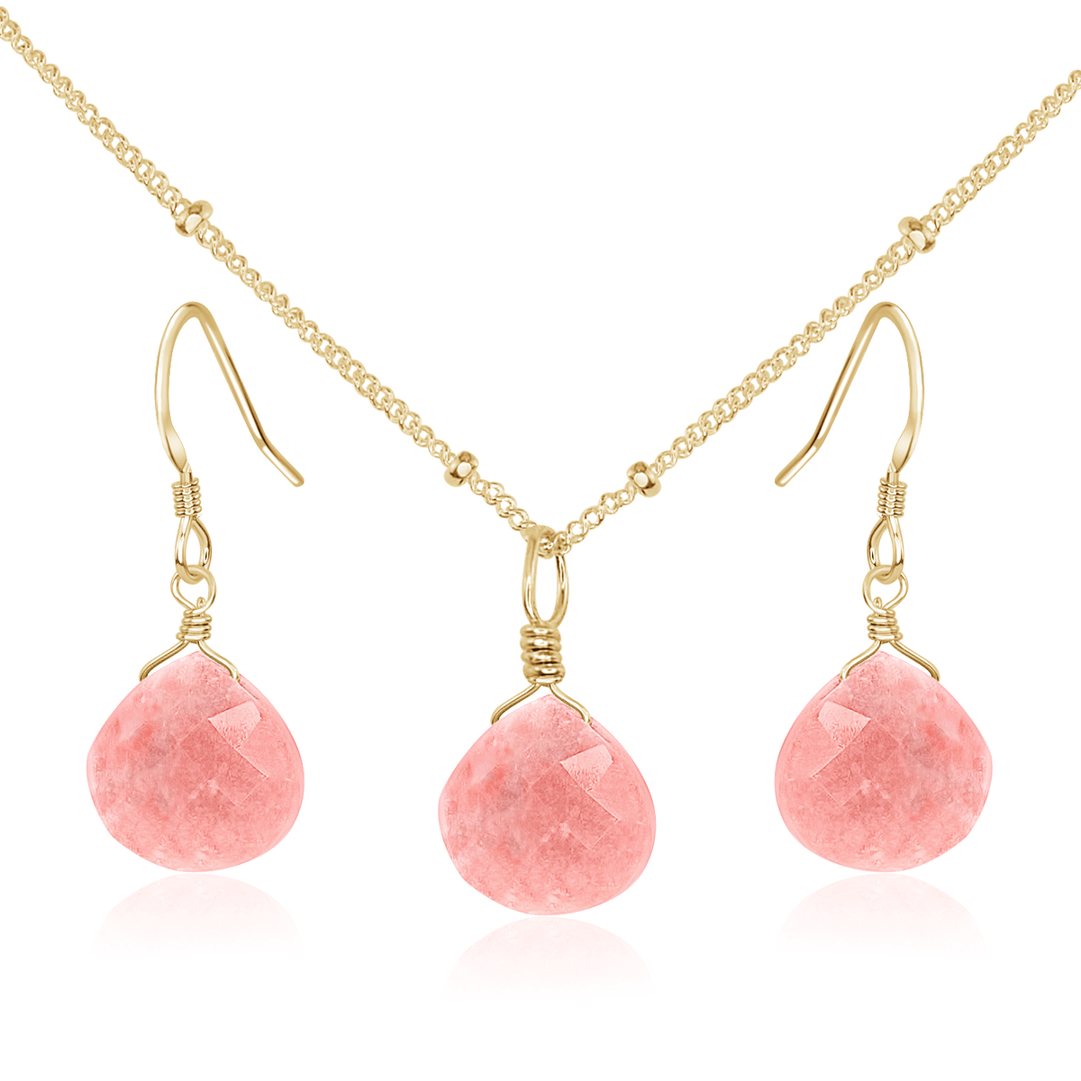 Pink Peruvian Opal Tiny Teardrop Earrings & Necklace Set