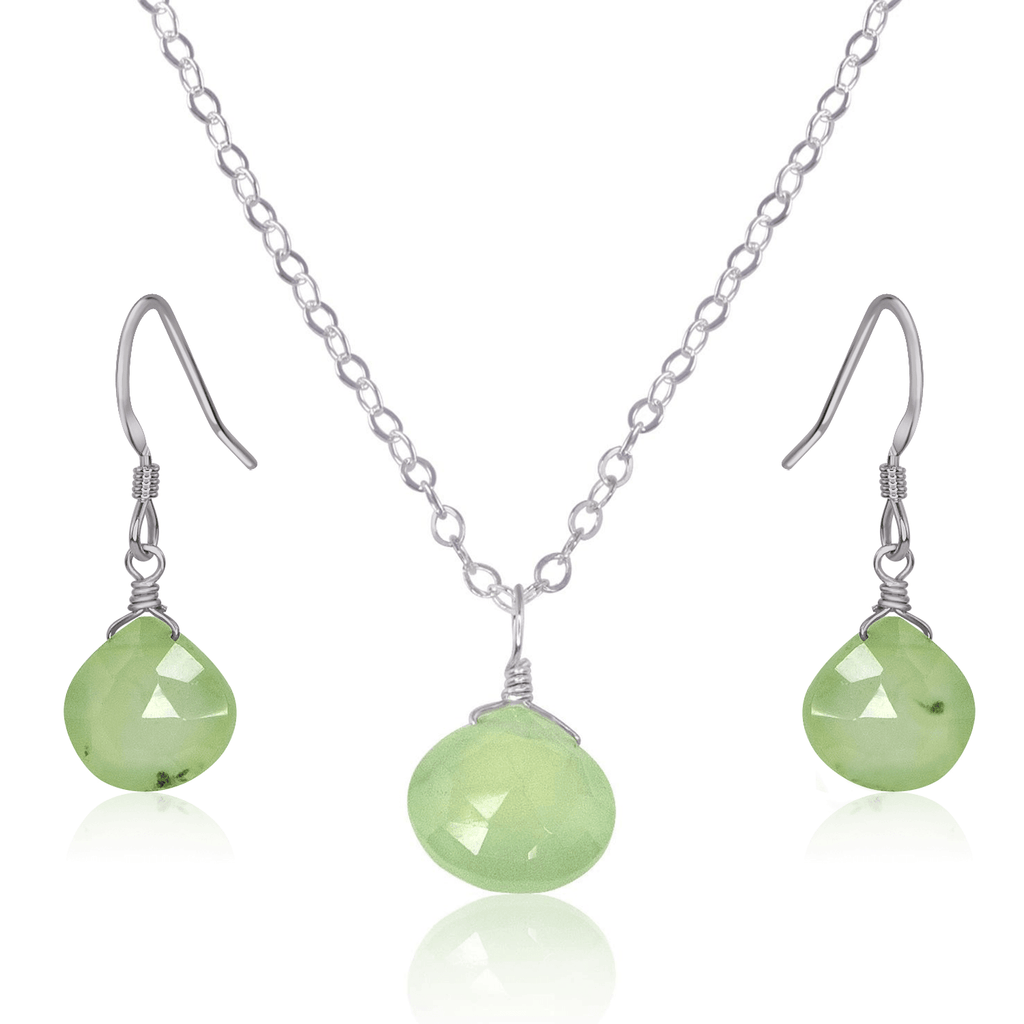 Prehnite Tiny Teardrop Earrings & Necklace Set - Prehnite Tiny Teardrop Earrings & Necklace Set - Stainless Steel / Cable - Luna Tide Handmade Crystal Jewellery