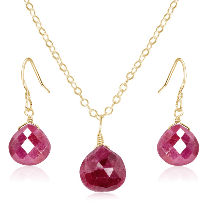 Ruby Tiny Teardrop Earrings & Necklace Set - Ruby Tiny Teardrop Earrings & Necklace Set - 14k Gold Fill / Cable - Luna Tide Handmade Crystal Jewellery