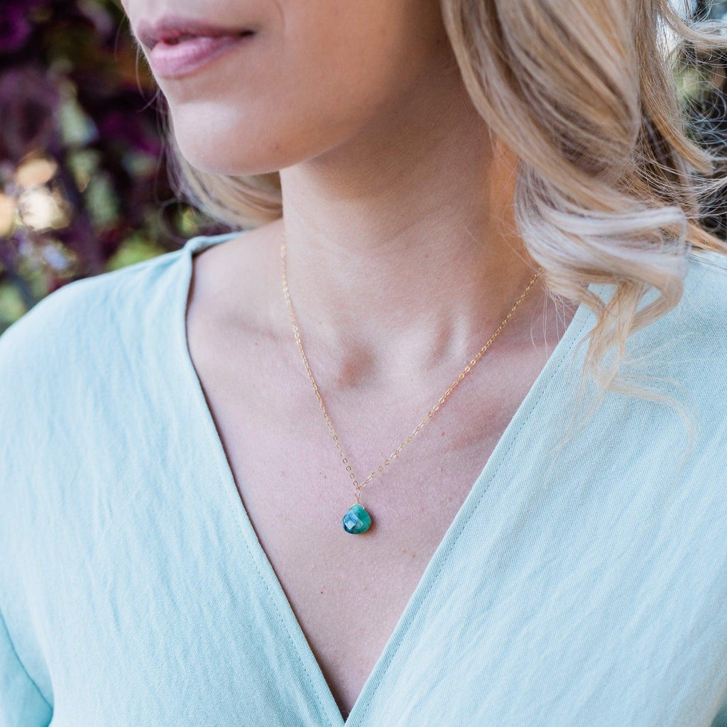 Emerald Tiny Teardrop Earrings & Necklace Set - Emerald Tiny Teardrop Earrings & Necklace Set - 14k Gold Fill / Cable - Luna Tide Handmade Crystal Jewellery