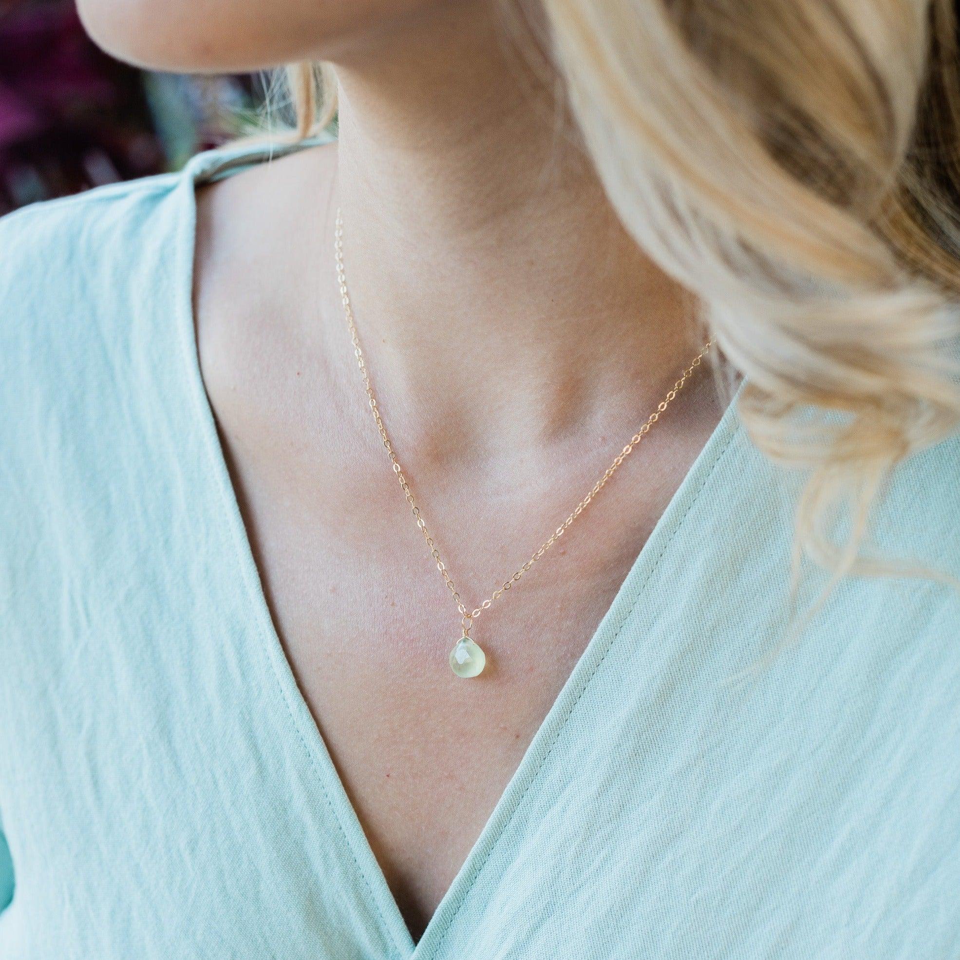 Prehnite Tiny Teardrop Earrings & Necklace Set - Prehnite Tiny Teardrop Earrings & Necklace Set - 14k Gold Fill / Cable - Luna Tide Handmade Crystal Jewellery