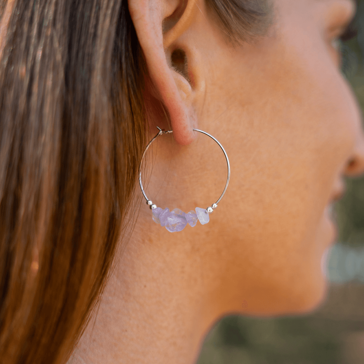 Amethyst Crystal Chip Large Hoop Earrings - Amethyst Crystal Chip Large Hoop Earrings - Sterling Silver - Luna Tide Handmade Crystal Jewellery