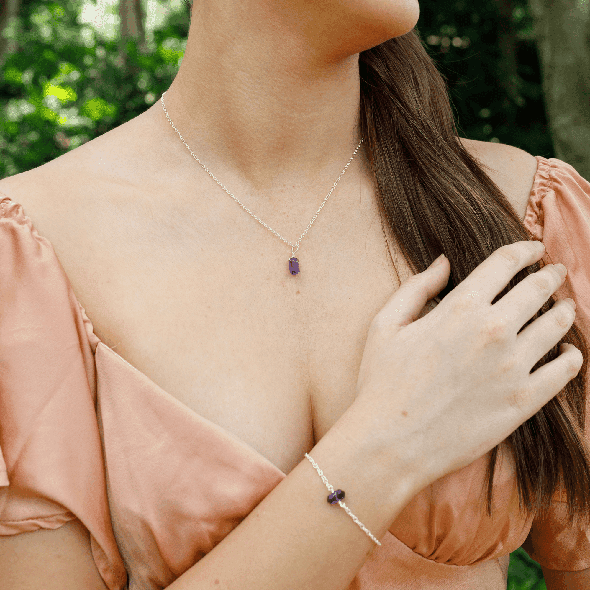 Amethyst Double Terminated Crystal Necklace & Bracelet Set - Amethyst Double Terminated Crystal Necklace & Bracelet Set - Sterling Silver - Luna Tide Handmade Crystal Jewellery