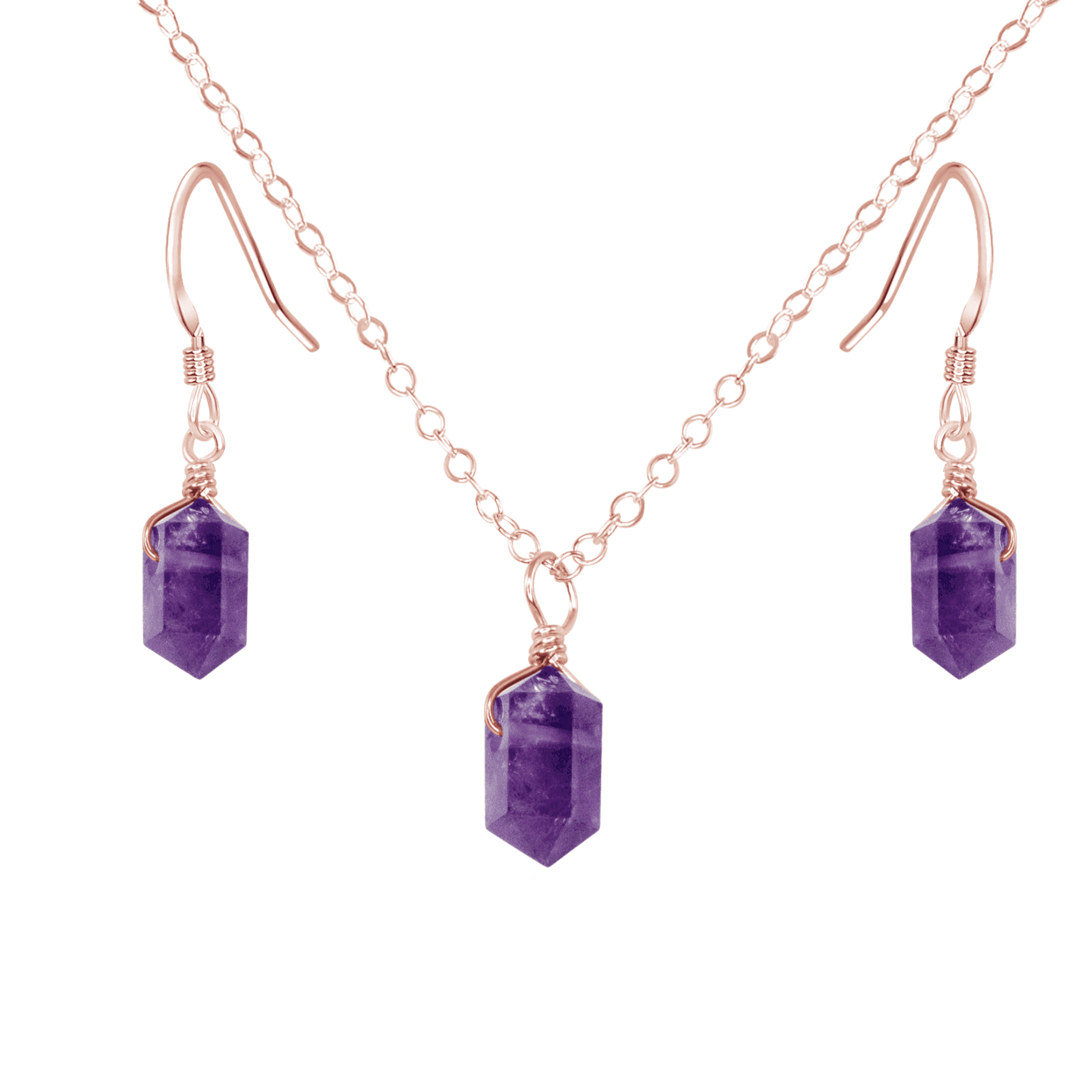 Amethyst Mini Double Terminated Crystal Point Earrings & Necklace Set - Amethyst Mini Double Terminated Crystal Point Earrings & Necklace Set - 14k Rose Gold Fill - Luna Tide Handmade Crystal Jewellery