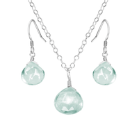 Aquamarine Tiny Teardrop Earrings & Necklace Set - Aquamarine Tiny Teardrop Earrings & Necklace Set - Sterling Silver / Cable - Luna Tide Handmade Crystal Jewellery