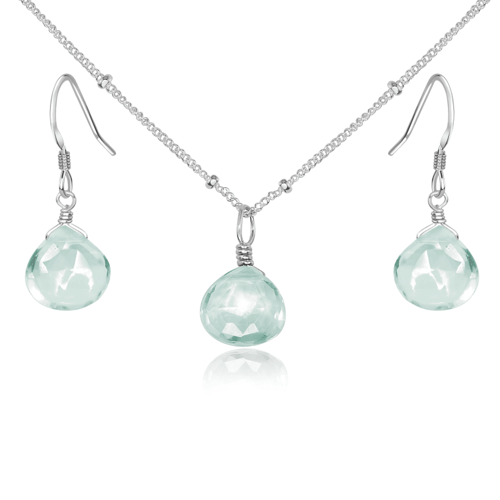 Aquamarine Tiny Teardrop Earrings & Necklace Set - Aquamarine Tiny Teardrop Earrings & Necklace Set - Sterling Silver / Satellite - Luna Tide Handmade Crystal Jewellery