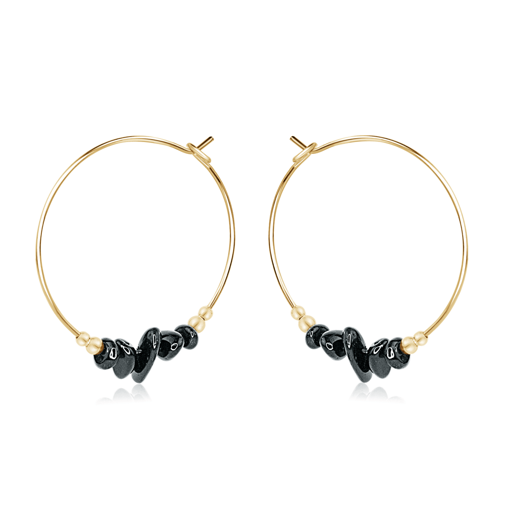 Black Tourmaline Crystal Chip Large Hoop Earrings - Black Tourmaline Crystal Chip Large Hoop Earrings - 14k Gold Fill - Luna Tide Handmade Crystal Jewellery