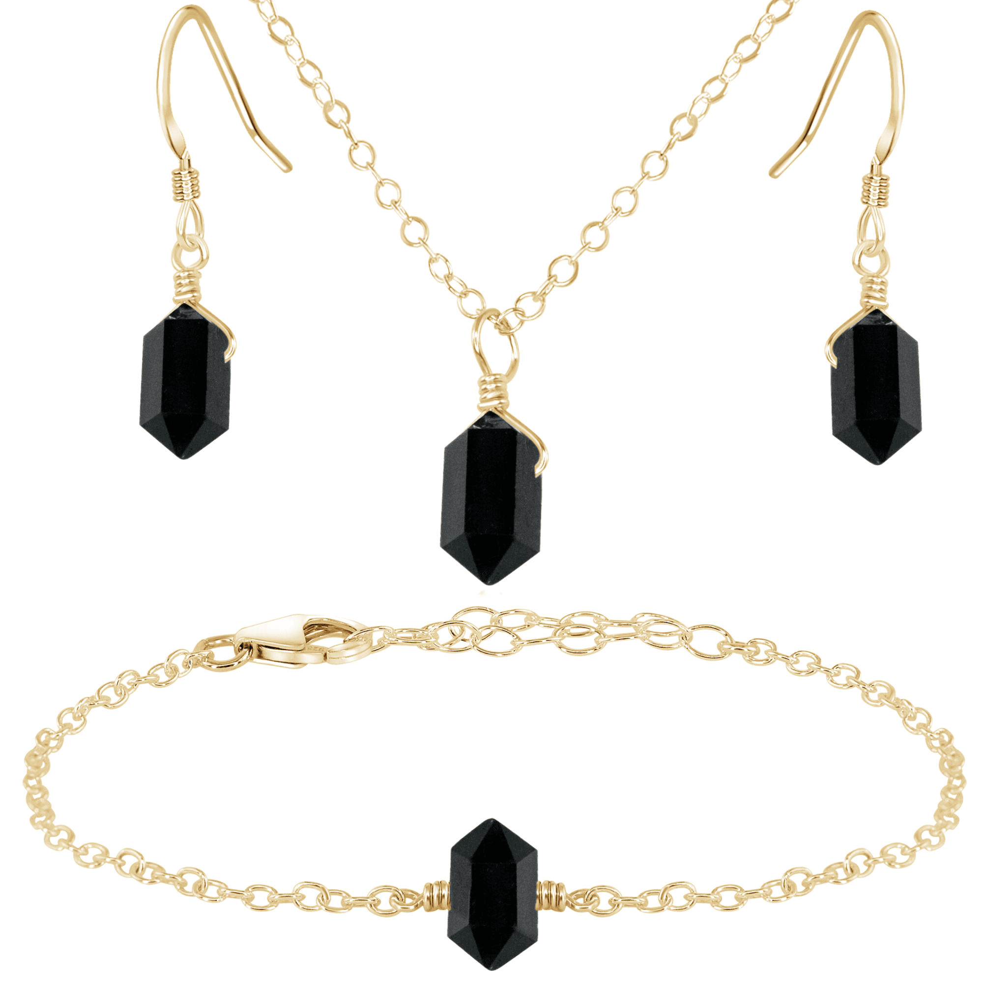 Black Tourmaline Double Terminated Crystal Earrings, Necklace & Bracelet Set - Black Tourmaline Double Terminated Crystal Earrings, Necklace & Bracelet Set - 14k Gold Fill - Luna Tide Handmade Crystal Jewellery