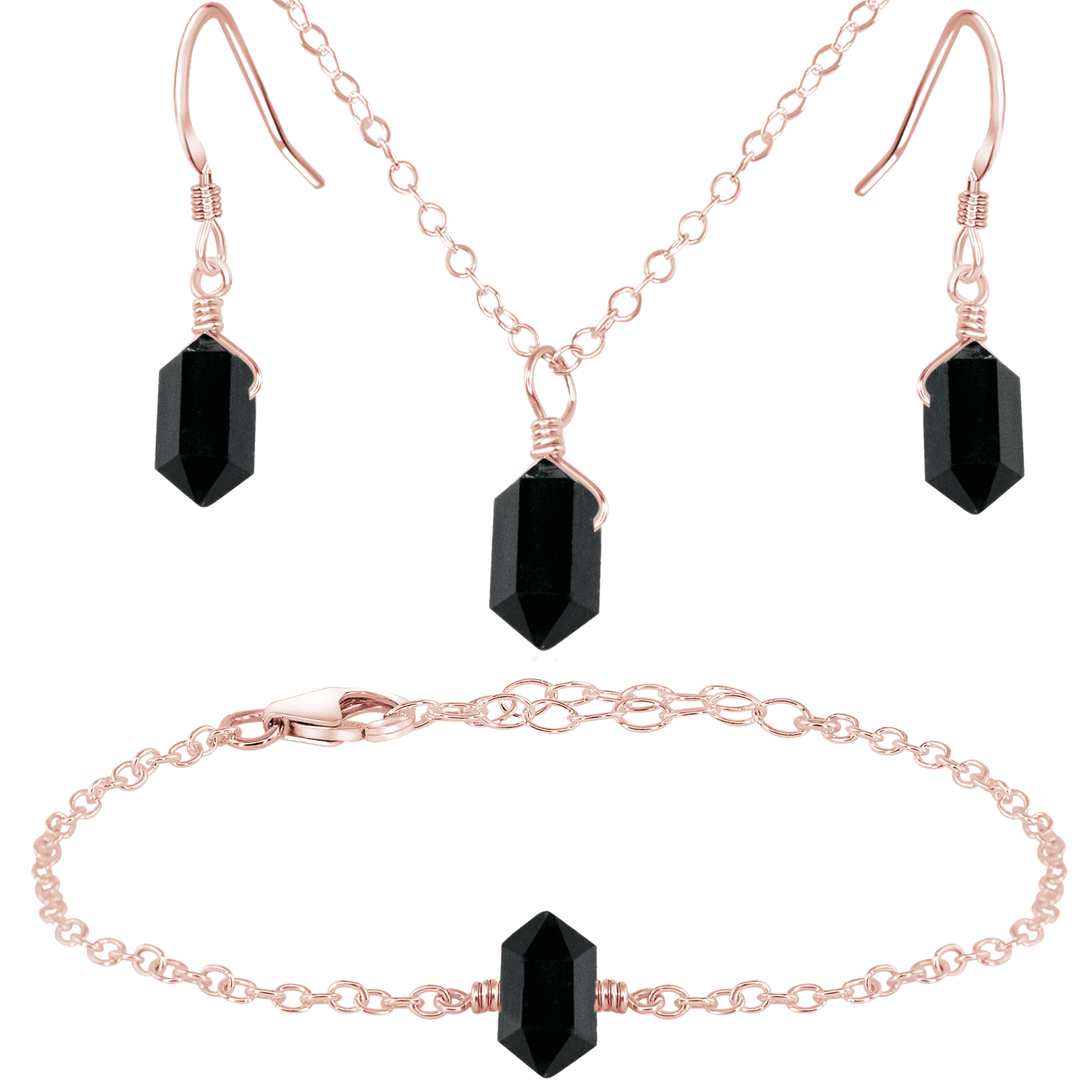 Black Tourmaline Double Terminated Crystal Earrings, Necklace & Bracelet Set - Black Tourmaline Double Terminated Crystal Earrings, Necklace & Bracelet Set - 14k Rose Gold Fill - Luna Tide Handmade Crystal Jewellery