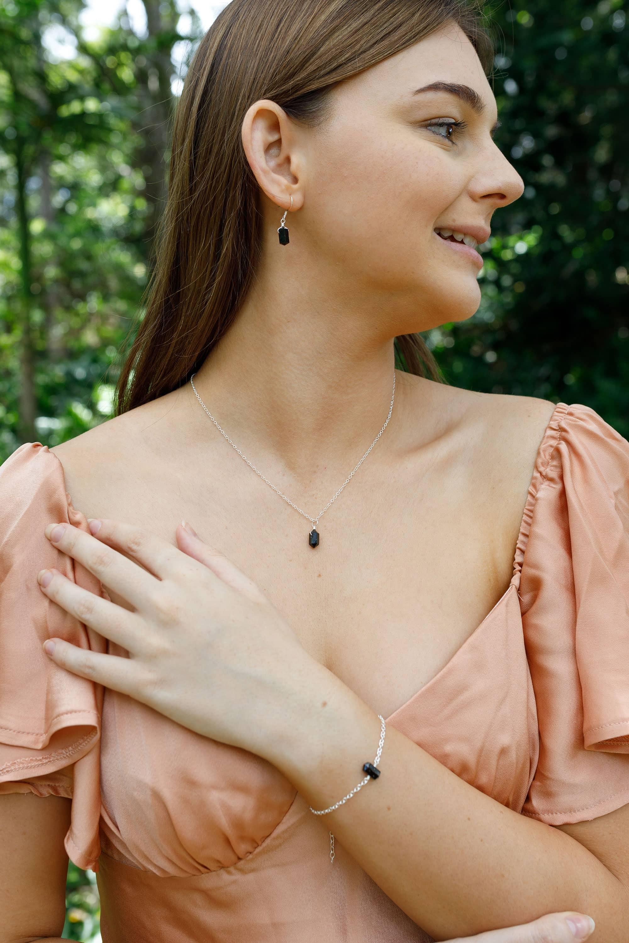 Black Tourmaline Double Terminated Crystal Earrings, Necklace & Bracelet Set - Black Tourmaline Double Terminated Crystal Earrings, Necklace & Bracelet Set - Sterling Silver - Luna Tide Handmade Crystal Jewellery