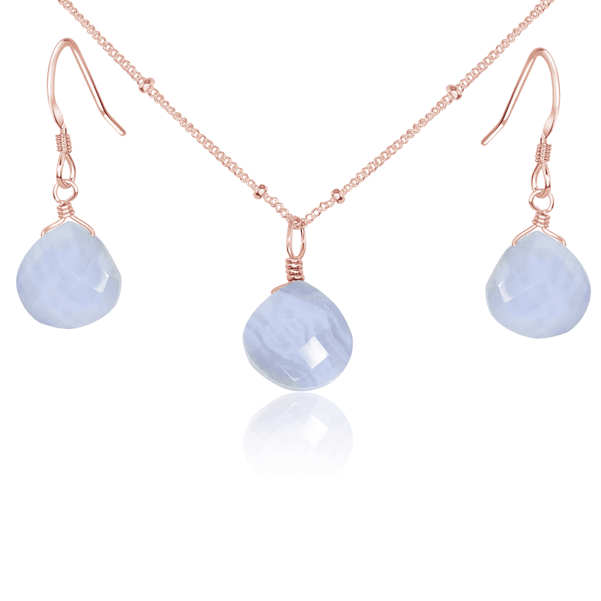 Blue Lace Agate Tiny Teardrop Earrings & Necklace Set - Blue Lace Agate Tiny Teardrop Earrings & Necklace Set - 14k Rose Gold Fill / Satellite - Luna Tide Handmade Crystal Jewellery