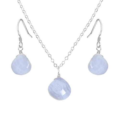 Blue Lace Agate Tiny Teardrop Earrings & Necklace Set - Blue Lace Agate Tiny Teardrop Earrings & Necklace Set - Sterling Silver / Cable - Luna Tide Handmade Crystal Jewellery