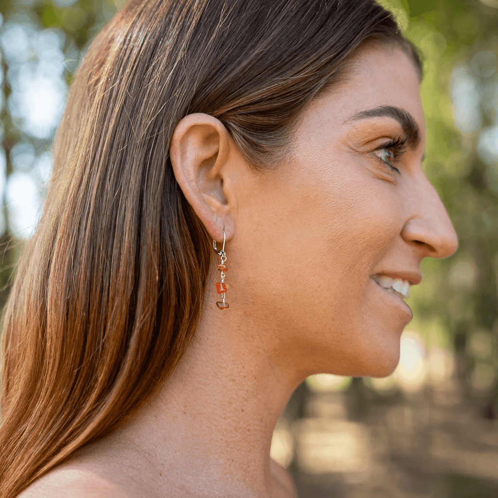 Carnelian Crystal Beaded Chain Dangle Leverback Earrings - Carnelian Crystal Beaded Chain Dangle Leverback Earrings - Sterling Silver - Luna Tide Handmade Crystal Jewellery