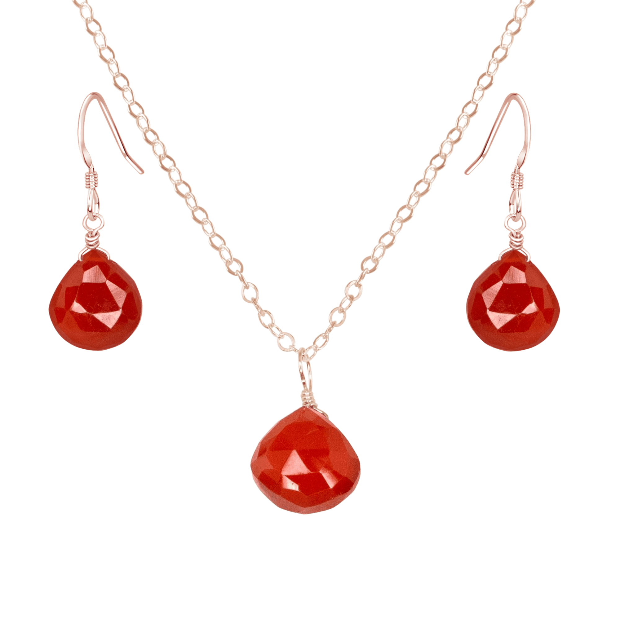Carnelian Tiny Teardrop Earrings & Necklace Set - Carnelian Tiny Teardrop Earrings & Necklace Set - 14k Rose Gold Fill / Cable - Luna Tide Handmade Crystal Jewellery