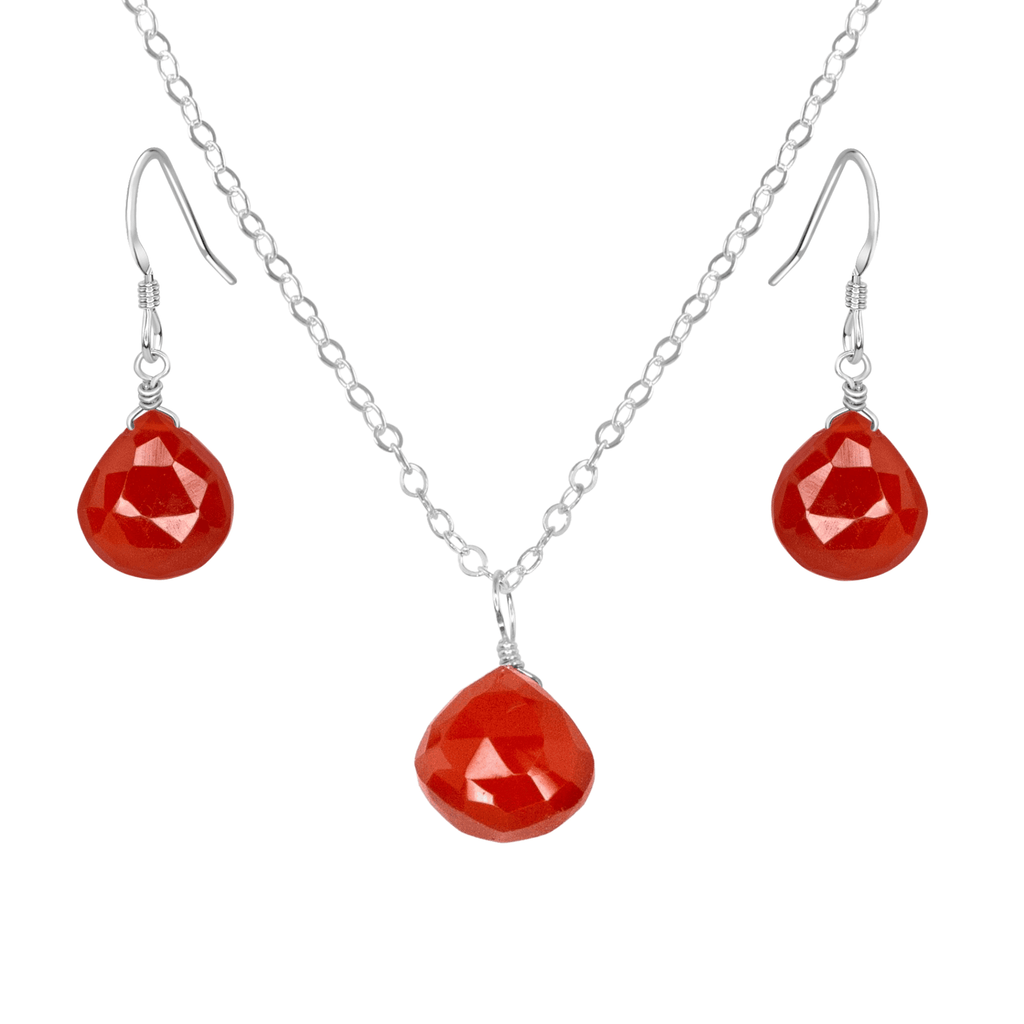 Carnelian Tiny Teardrop Earrings & Necklace Set - Carnelian Tiny Teardrop Earrings & Necklace Set - Sterling Silver / Cable - Luna Tide Handmade Crystal Jewellery