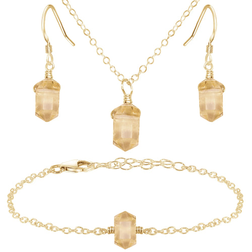 Citrine Double Terminated Crystal Earrings, Necklace & Bracelet Set - Citrine Double Terminated Crystal Earrings, Necklace & Bracelet Set - 14k Gold Fill - Luna Tide Handmade Crystal Jewellery