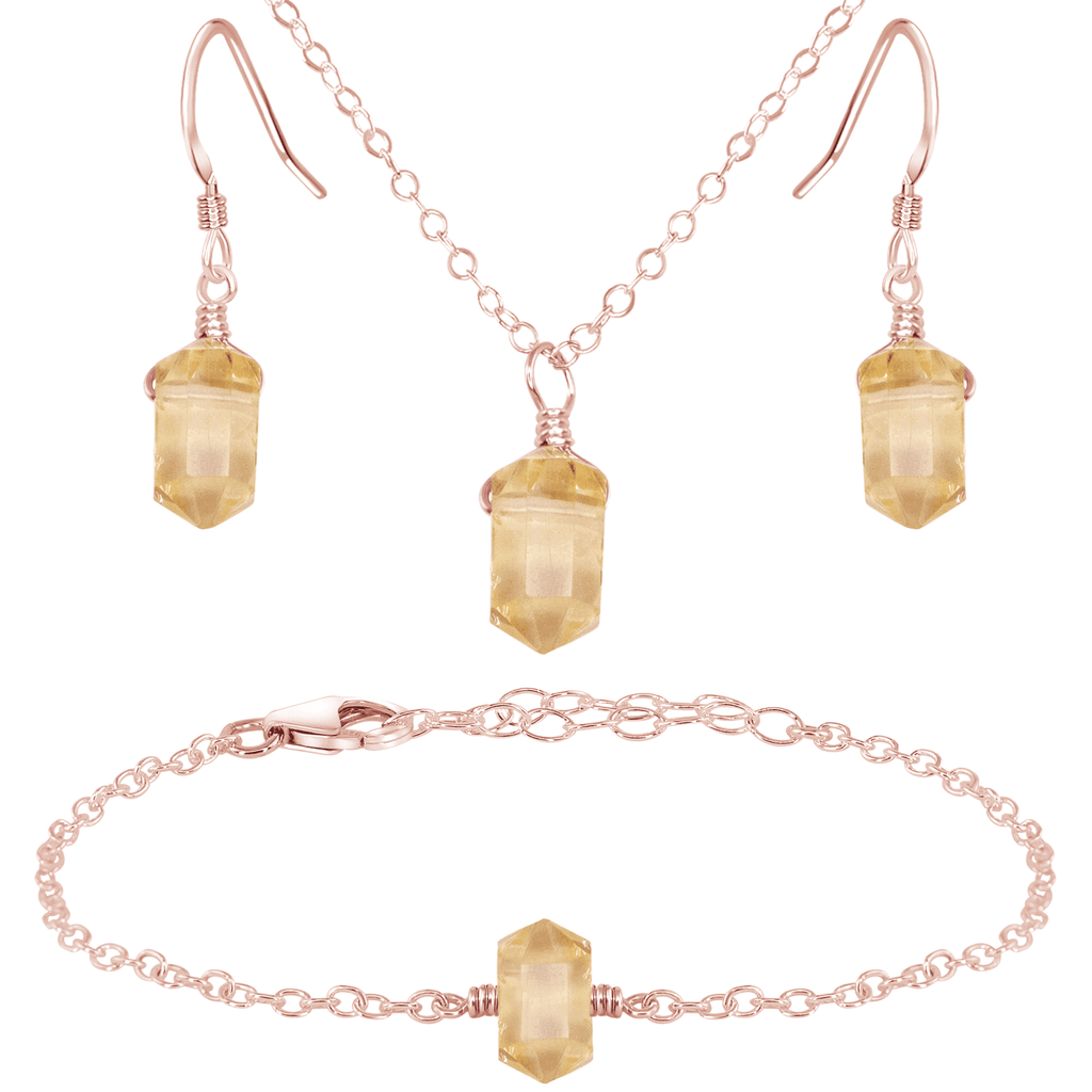 Citrine Double Terminated Crystal Earrings, Necklace & Bracelet Set - Citrine Double Terminated Crystal Earrings, Necklace & Bracelet Set - 14k Rose Gold Fill - Luna Tide Handmade Crystal Jewellery