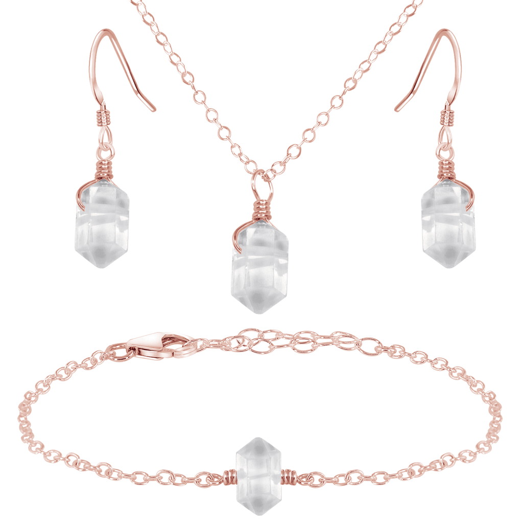 Crystal Quartz Double Terminated Earrings, Necklace & Bracelet Set - Crystal Quartz Double Terminated Earrings, Necklace & Bracelet Set - 14k Rose Gold Fill - Luna Tide Handmade Crystal Jewellery