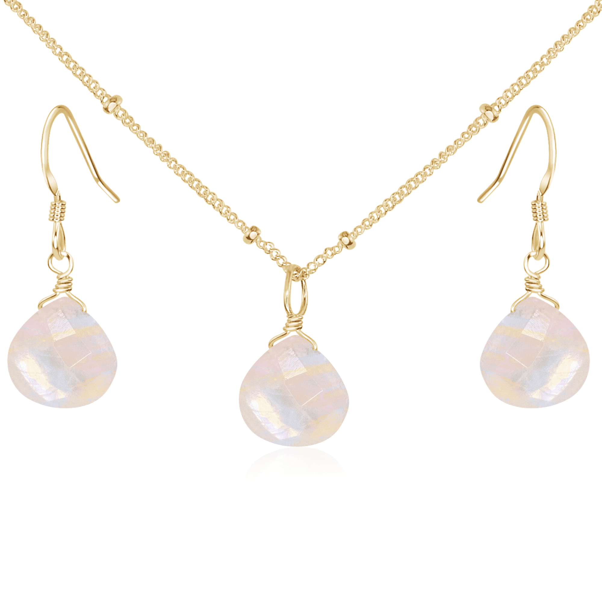 Rainbow Moonstone Tiny Teardrop Earrings & Necklace Set - Rainbow Moonstone Tiny Teardrop Earrings & Necklace Set - 14k Gold Fill / Satellite - Luna Tide Handmade Crystal Jewellery