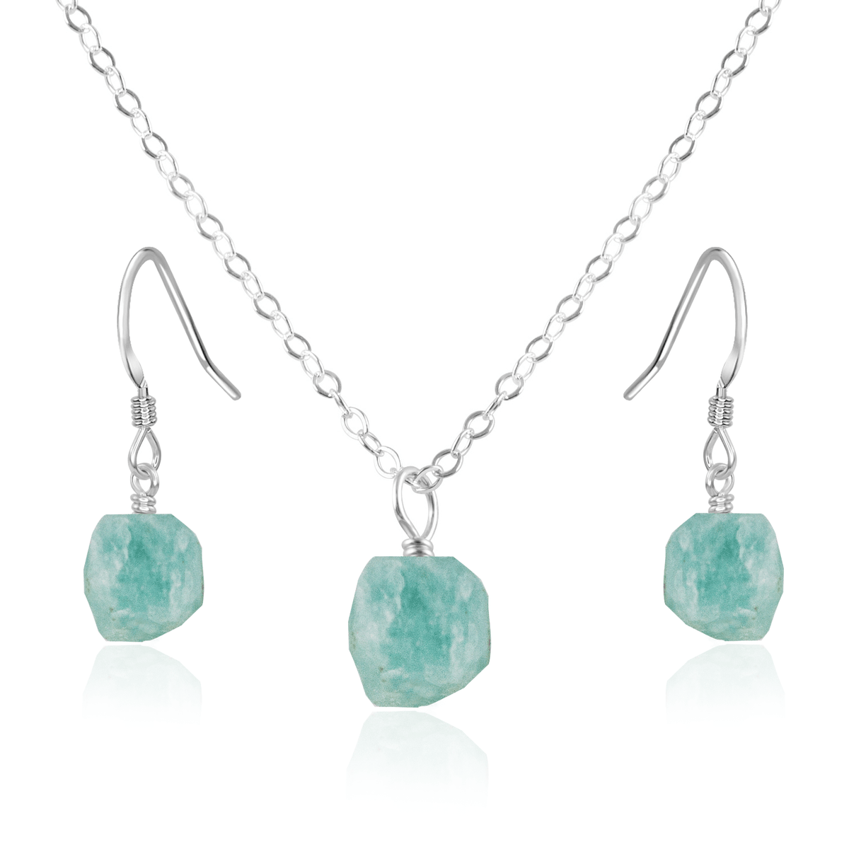 Raw Amazonite Crystal Earrings & Necklace Set - Raw Amazonite Crystal Earrings & Necklace Set - Sterling Silver / Cable - Luna Tide Handmade Crystal Jewellery