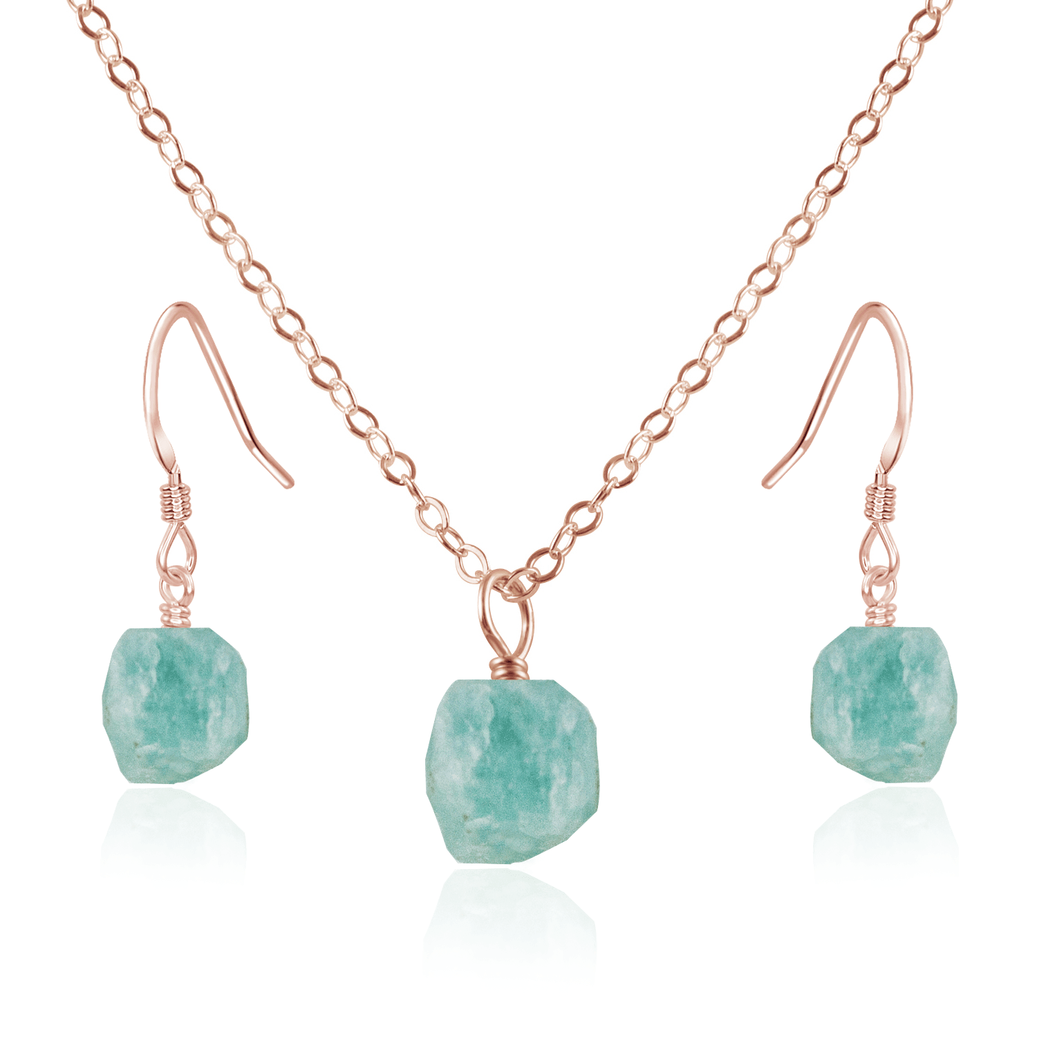 Raw Amazonite Crystal Jewellery Set - Raw Amazonite Crystal Jewellery Set - 14k Rose Gold Fill / Cable / Necklace & Earrings - Luna Tide Handmade Crystal Jewellery