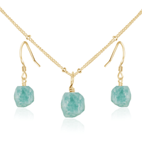 Raw Amazonite Crystal Earrings & Necklace Set - Raw Amazonite Crystal Earrings & Necklace Set - 14k Gold Fill / Satellite - Luna Tide Handmade Crystal Jewellery