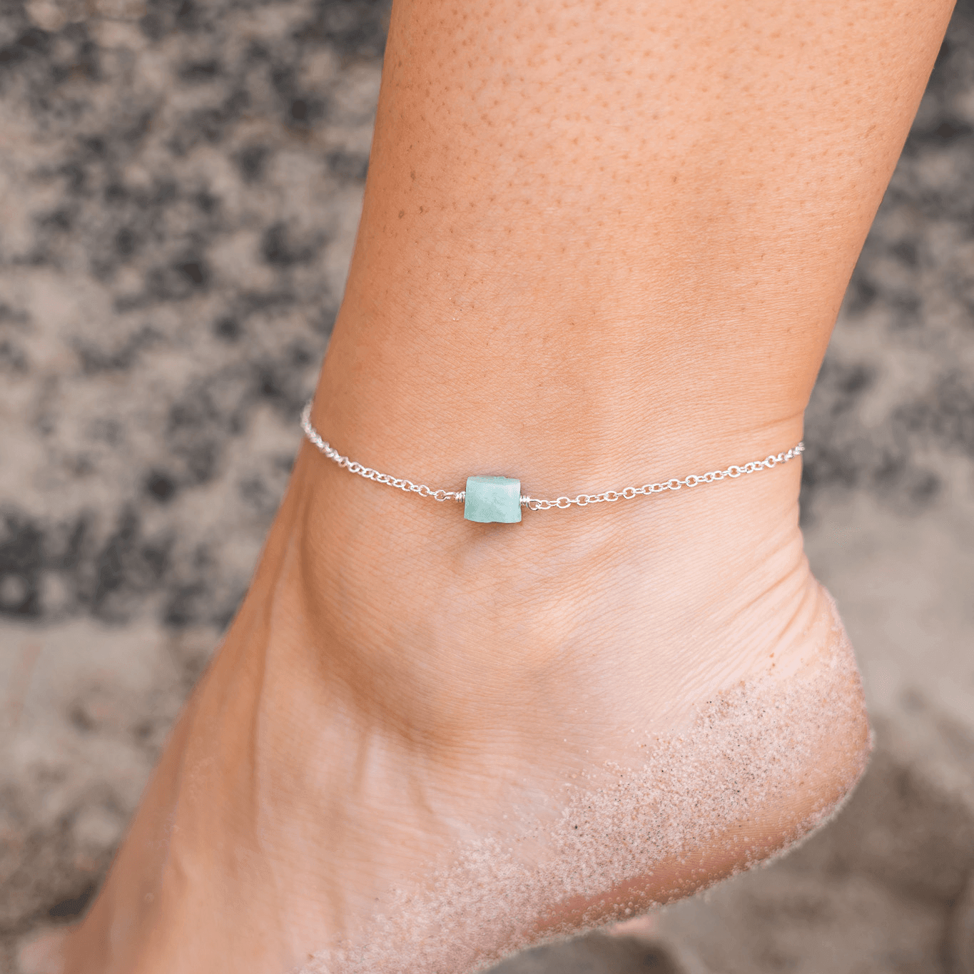 Raw Amazonite Crystal Nugget Anklet - Raw Amazonite Crystal Nugget Anklet - Sterling Silver - Luna Tide Handmade Crystal Jewellery