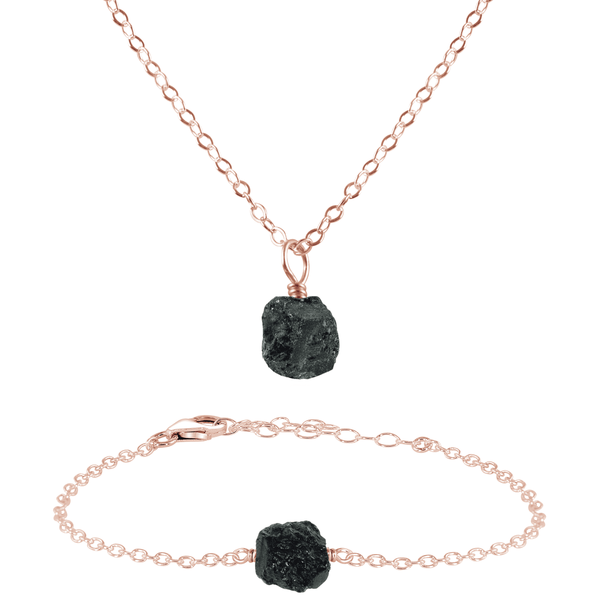 Raw Black Tourmaline Crystal Necklace & Bracelet Set - Raw Black Tourmaline Crystal Necklace & Bracelet Set - 14k Rose Gold Fill - Luna Tide Handmade Crystal Jewellery