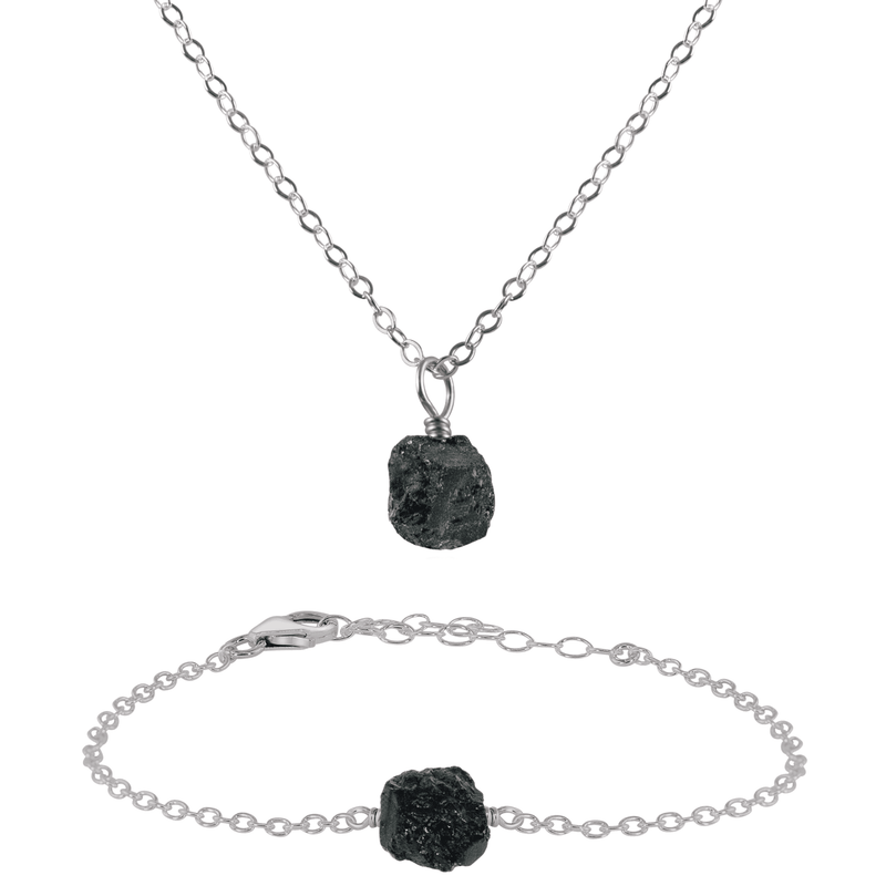 Raw Black Tourmaline Crystal Necklace & Bracelet Set - Raw Black Tourmaline Crystal Necklace & Bracelet Set - Stainless Steel - Luna Tide Handmade Crystal Jewellery