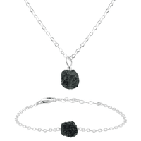 Raw Black Tourmaline Crystal Necklace & Bracelet Set - Raw Black Tourmaline Crystal Necklace & Bracelet Set - Sterling Silver - Luna Tide Handmade Crystal Jewellery