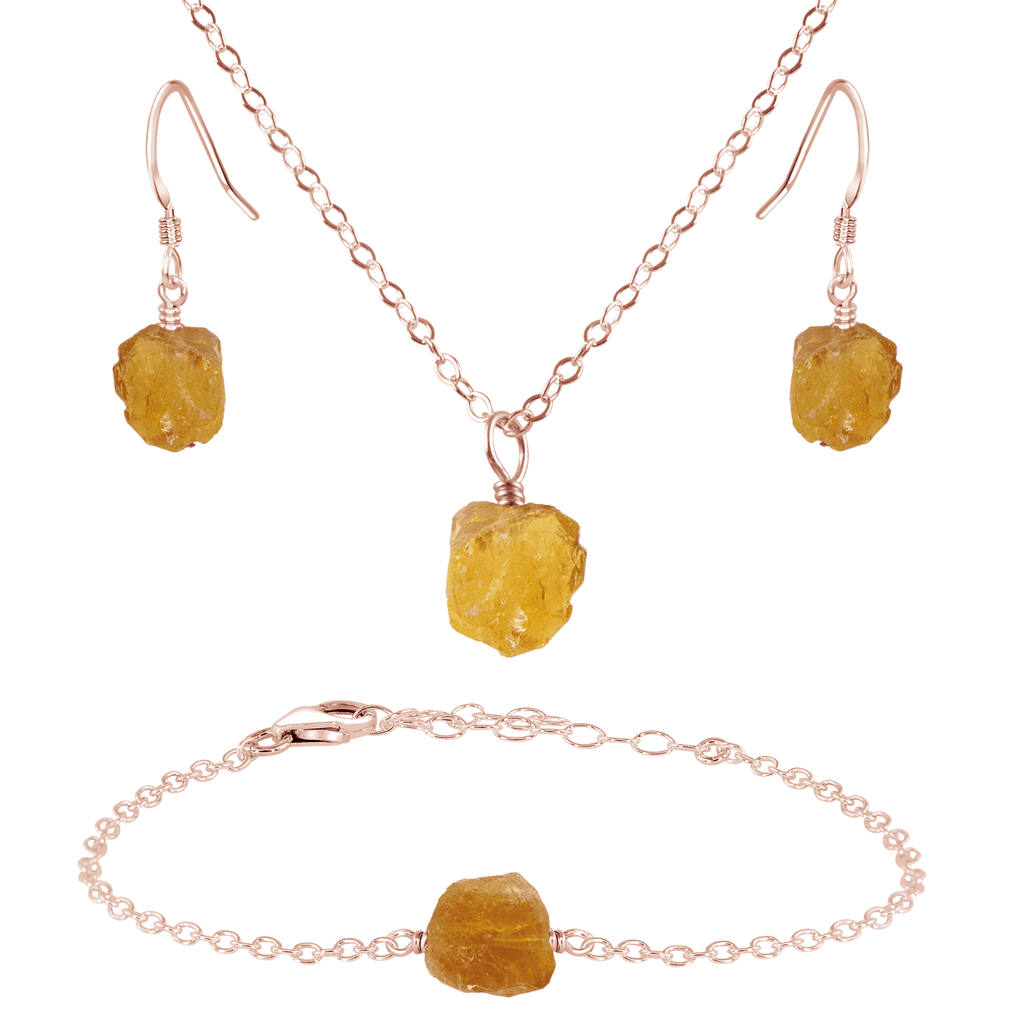 Raw Citrine Crystal Earrings, Necklace & Bracelet Set - Raw Citrine Crystal Earrings, Necklace & Bracelet Set - 14k Rose Gold Fill - Luna Tide Handmade Crystal Jewellery