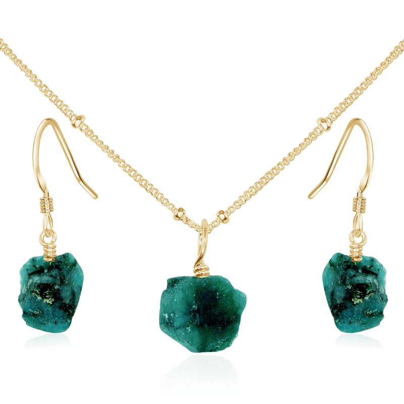 Raw Emerald Crystal Earrings & Necklace Set - Raw Emerald Crystal Earrings & Necklace Set - 14k Gold Fill / Satellite - Luna Tide Handmade Crystal Jewellery