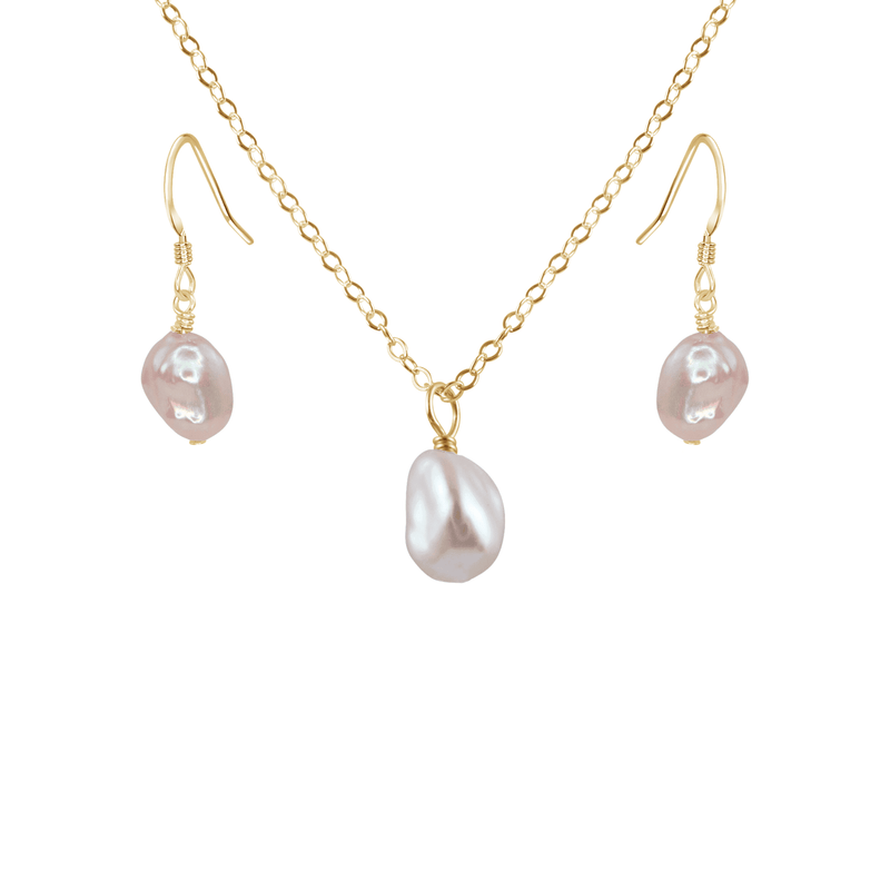 Raw Freshwater Pearl Crystal Earrings & Necklace Set - Raw Freshwater Pearl Crystal Earrings & Necklace Set - 14k Gold Fill - Luna Tide Handmade Crystal Jewellery