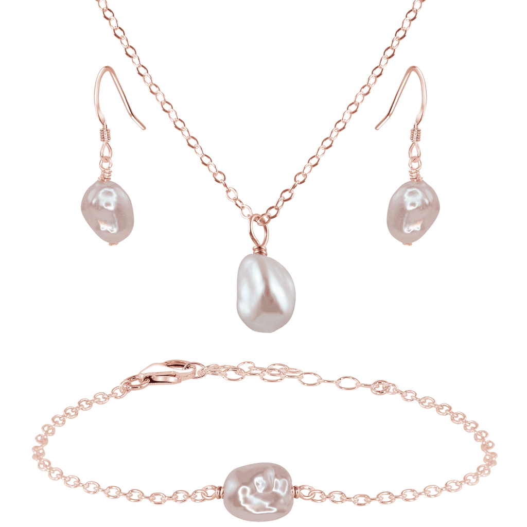 Raw Freshwater Pearl Crystal Earrings, Necklace & Bracelet Set - Raw Freshwater Pearl Crystal Earrings, Necklace & Bracelet Set - 14k Rose Gold Fill - Luna Tide Handmade Crystal Jewellery