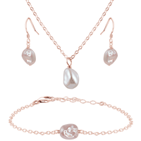 Raw Freshwater Pearl Crystal Earrings, Necklace & Bracelet Set - Raw Freshwater Pearl Crystal Earrings, Necklace & Bracelet Set - 14k Rose Gold Fill - Luna Tide Handmade Crystal Jewellery