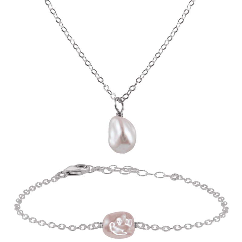 Raw Freshwater Pearl Crystal Necklace & Bracelet Set - Raw Freshwater Pearl Crystal Necklace & Bracelet Set - Stainless Steel - Luna Tide Handmade Crystal Jewellery