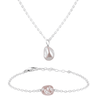 Raw Freshwater Pearl Crystal Necklace & Bracelet Set - Raw Freshwater Pearl Crystal Necklace & Bracelet Set - Sterling Silver - Luna Tide Handmade Crystal Jewellery